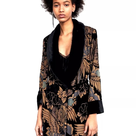 Zara Velvet Kimono Devore Jacket Coat 